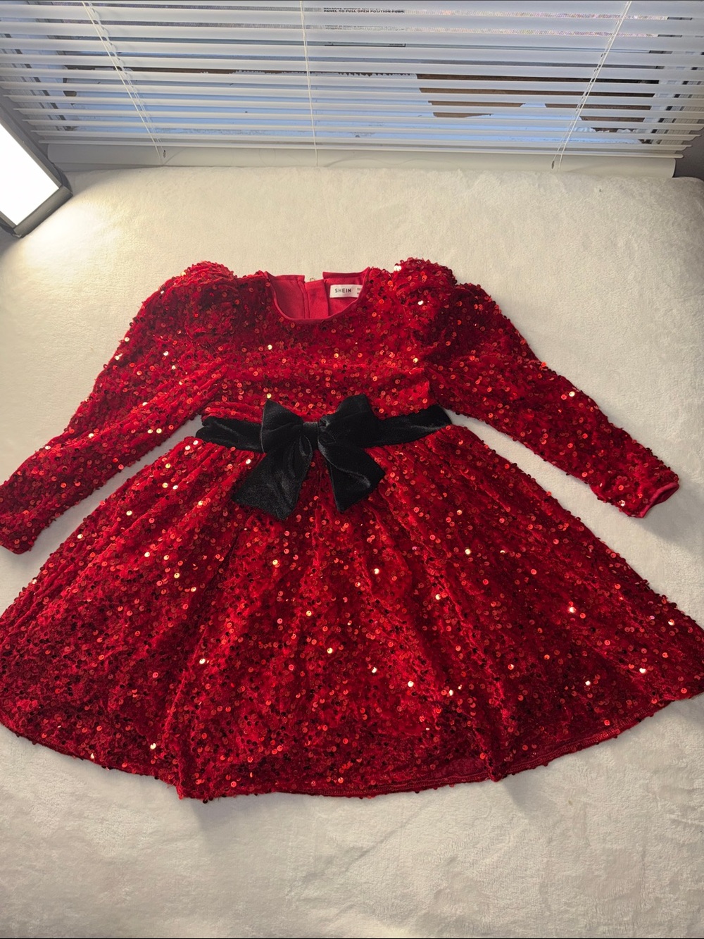SHEIN Red Sequin Party Dress with Black Velvet Bow